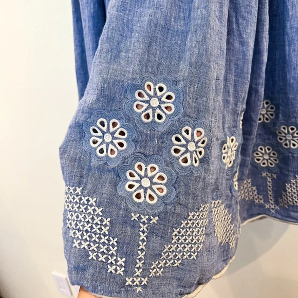 Innika Choo Denim Embroidered Tie Strap Pleated Designer Swing Mini Dress 2/M - Picture 5 of 10